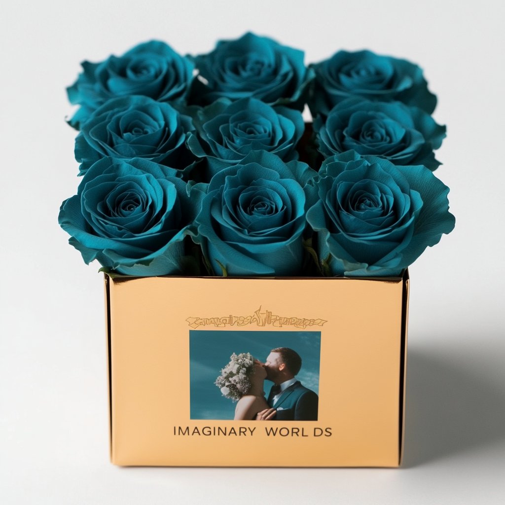 Customized Teal Infinity Roses Box with Photo - Gold Box - Imaginary Worlds